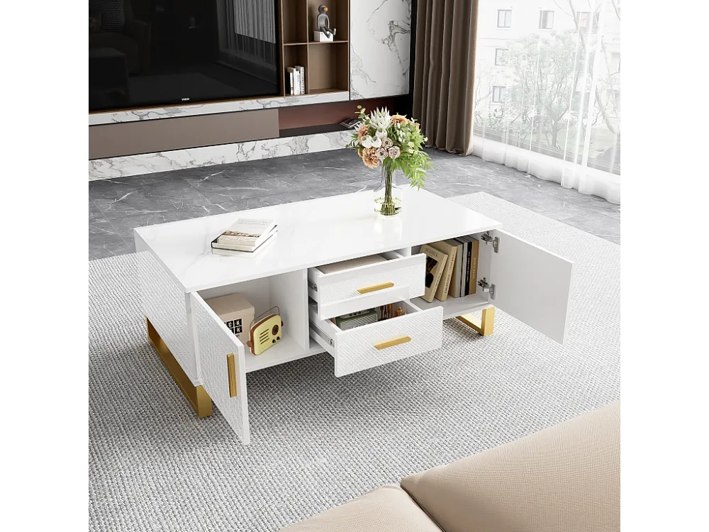 Salontafel - met lades en open vak aan de achterkant - gouden bies - Wit ModernLuxe