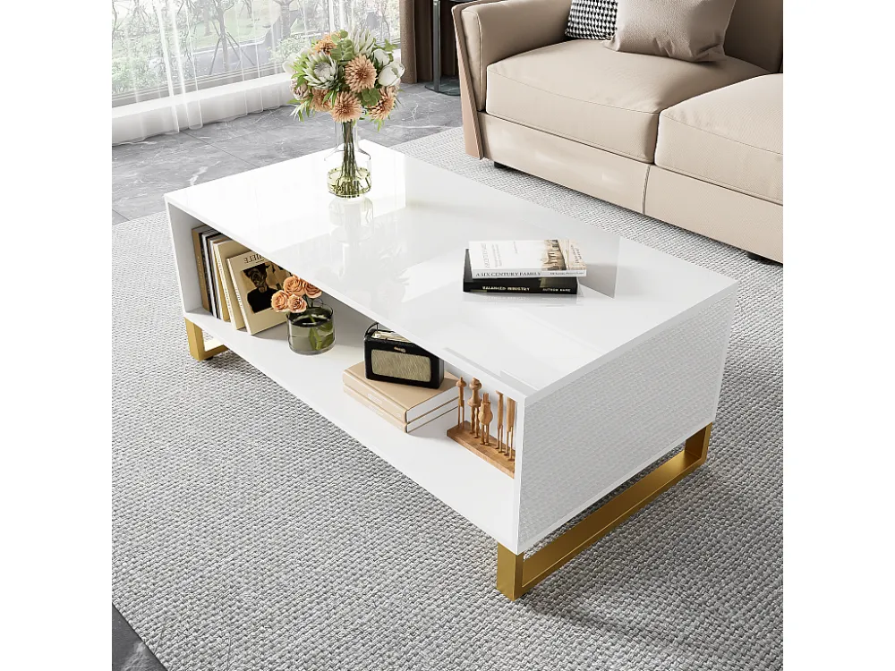 Salontafel - met lades en open vak aan de achterkant - gouden bies - Wit ModernLuxe