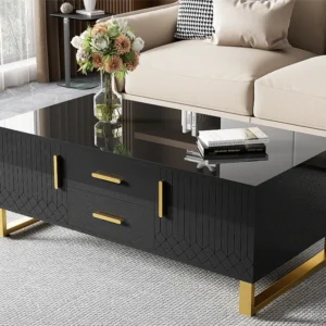 Salontafel – met lades en open vak aan de achterkant – gouden bies – Zwart ModernLuxe