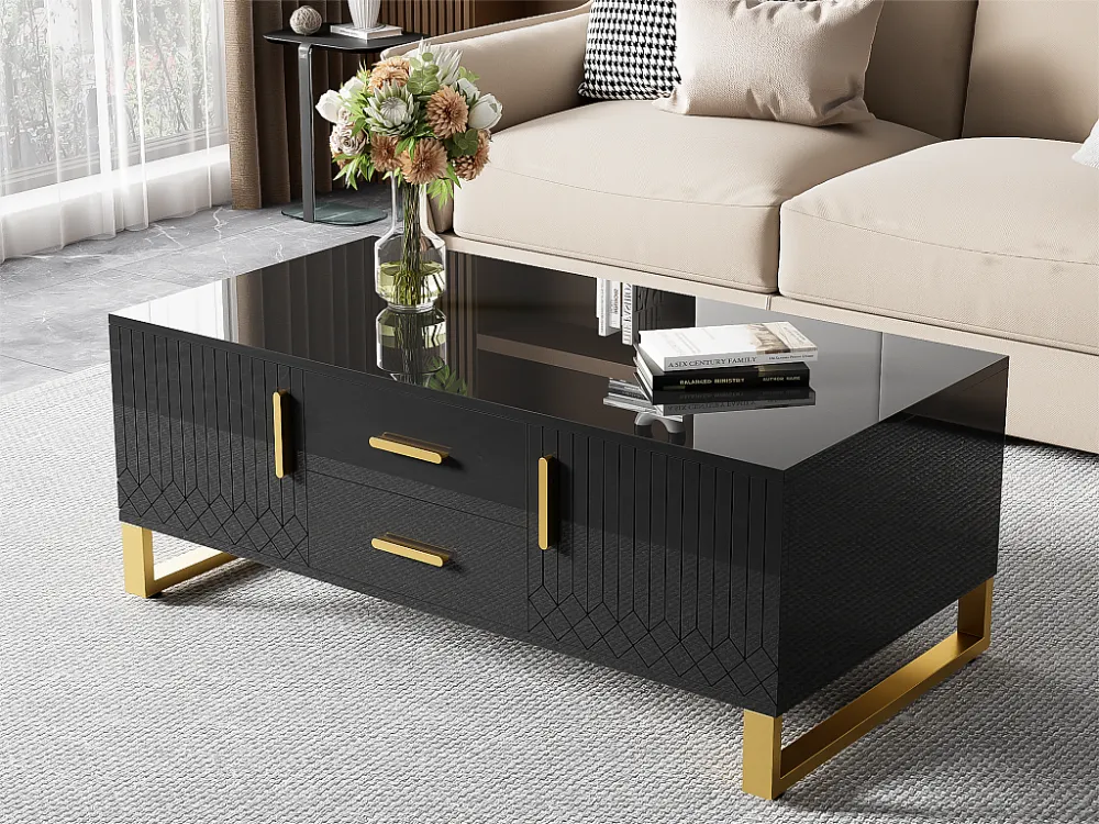 Salontafel – met lades en open vak aan de achterkant – gouden bies – Zwart ModernLuxe