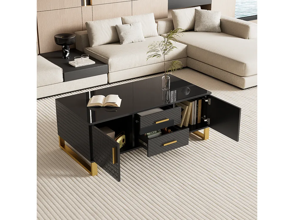 Salontafel – met lades en open vak aan de achterkant – gouden bies – Zwart ModernLuxe