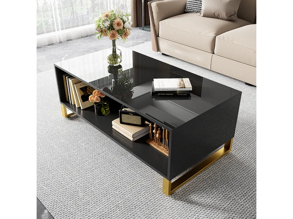 Salontafel – met lades en open vak aan de achterkant – gouden bies – Zwart ModernLuxe