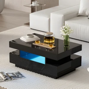 Salontafel met LED - glanzende afwerking - 4 laden voor en achter - Zwart ModernLuxe