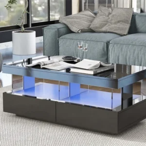 Salontafel met LED - met 2 lades en glazen vakken - moderne stijl - Zwart ModernLuxe