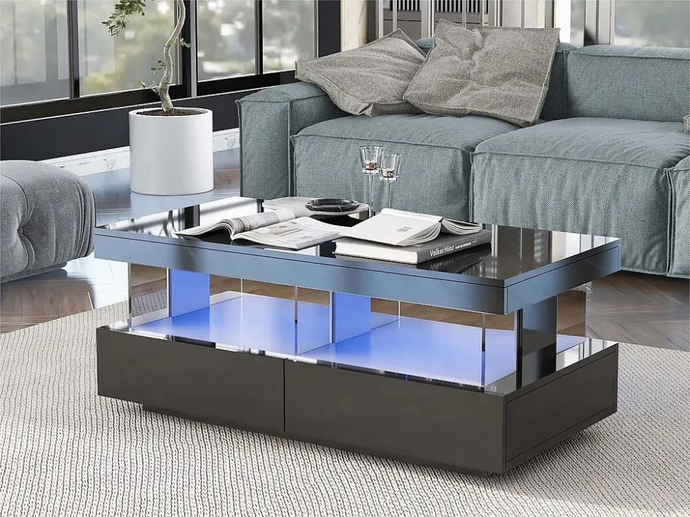 Salontafel met LED - met 2 lades en glazen vakken - moderne stijl - Zwart ModernLuxe