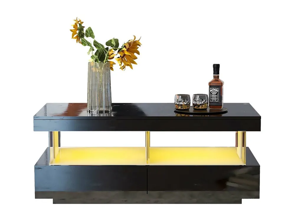 Salontafel met LED - met 2 lades en glazen vakken - moderne stijl - Zwart ModernLuxe