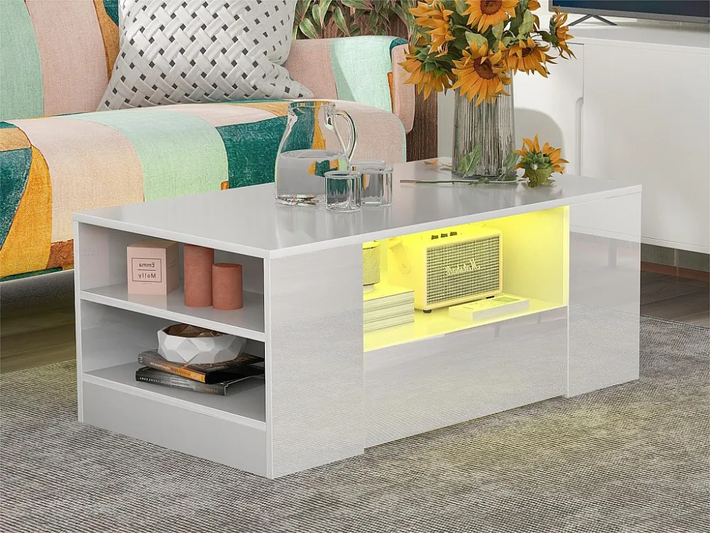 Salontafel met LED + nissen + lades - glanzende uitstraling - Wit ModernLuxe