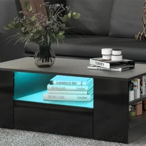 Salontafel met LED + nissen + lades - glanzende uitstraling - Zwart ModernLuxe