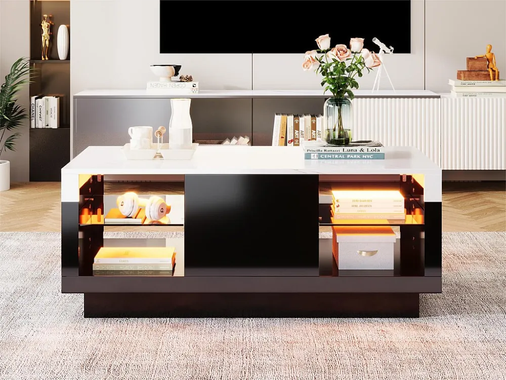 Salontafel met LED - 4 vakken en 1 lade - spaanplaat - Zwart ModernLuxe