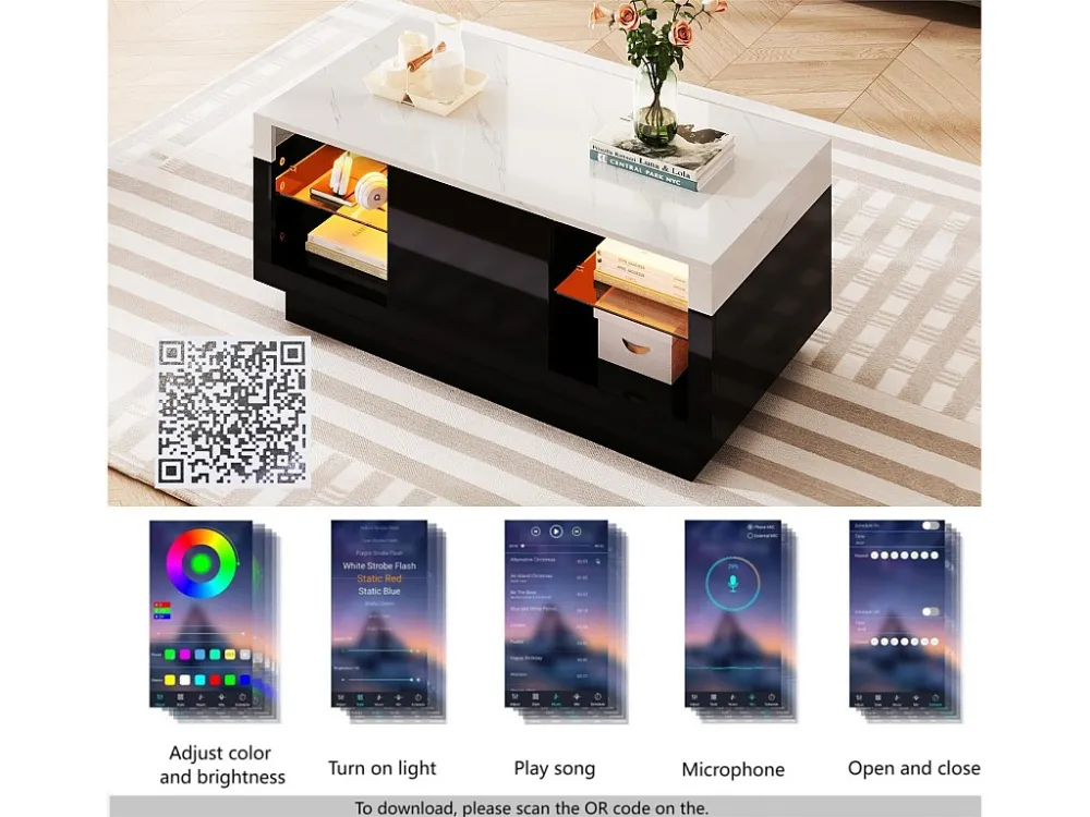 Salontafel met LED - 4 vakken en 1 lade - spaanplaat - Zwart ModernLuxe