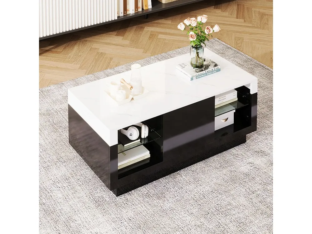 Salontafel met LED - 4 vakken en 1 lade - spaanplaat - Zwart ModernLuxe