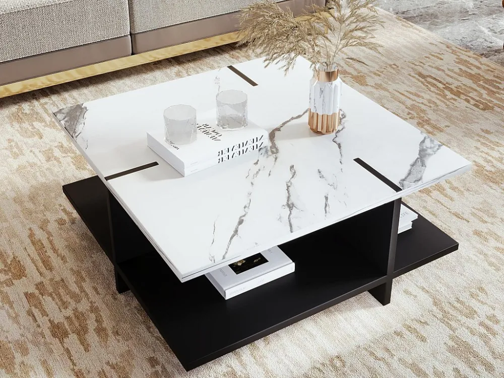 Salontafel met open opbergruimte - MDF - Wit & Zwart ModernLuxe
