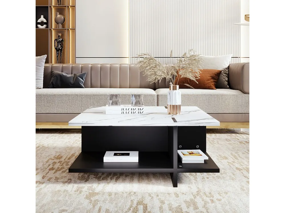 Salontafel met open opbergruimte - MDF - Wit & Zwart ModernLuxe