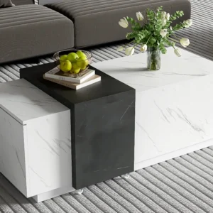 Salontafel - 2 neerklapbare deuren en een dienblad op wielen - Wit en grijs ModernLuxe