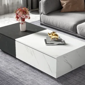 Salontafel - 2 neerklapbare deuren - marmereffect - Wit en grijs ModernLuxe