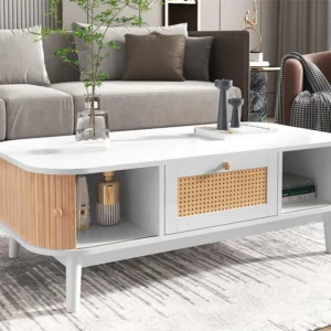 Salontafel woonkamer - gedecoreerd met rotan en massief hout - landelijke stijl - wit ModernLuxe