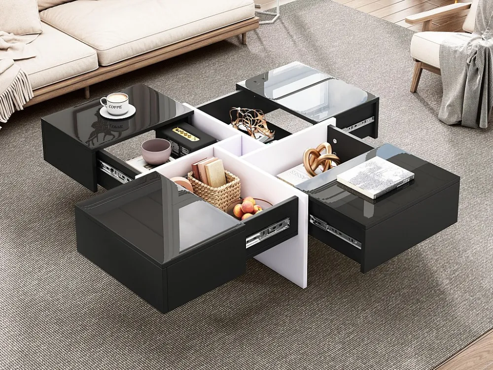Vierkante salontafel - 4 lades - spaanplaat - Zwart ModernLuxe
