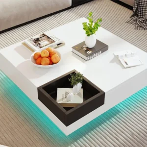 Vierkante salontafel met uitneembare opbergdoos - LED-verlichting onderaan - Wit & Zwart ModernLuxe