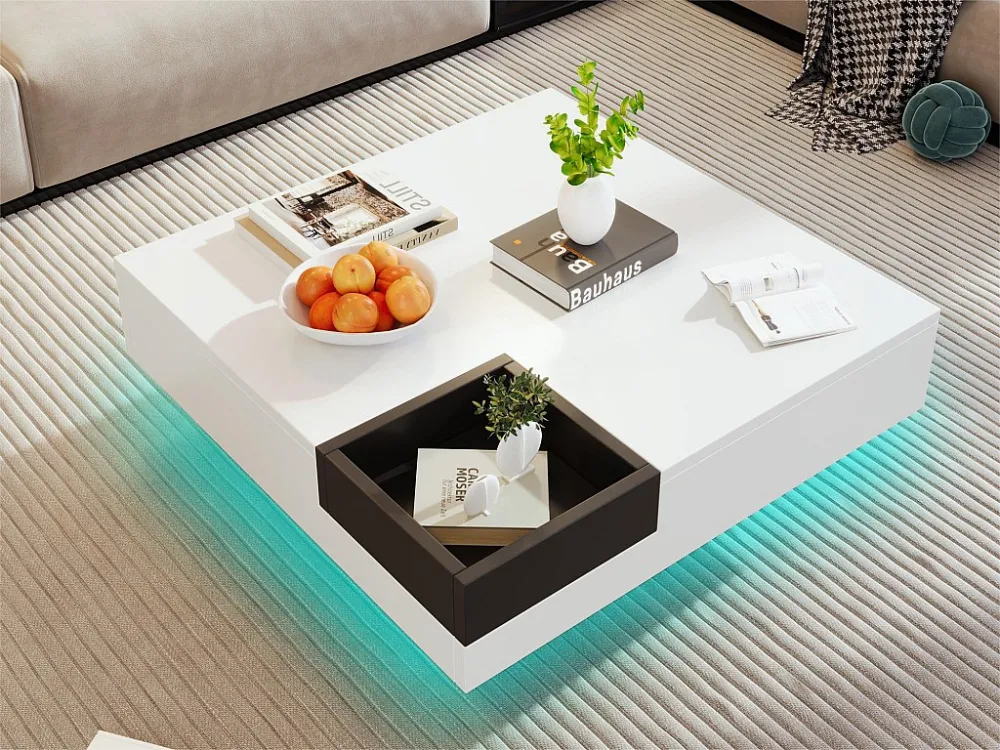 Vierkante salontafel met uitneembare opbergdoos - LED-verlichting onderaan - Wit & Zwart ModernLuxe