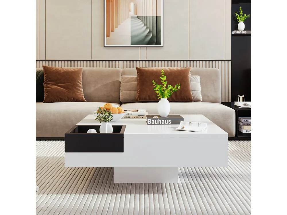 Vierkante salontafel met uitneembare opbergdoos - LED-verlichting onderaan - Wit & Zwart ModernLuxe