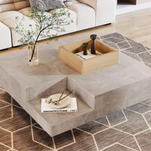 Vierkante salontafel met uitneembare opbergdoos - Lichtgrijs & Naturel ModernLuxe