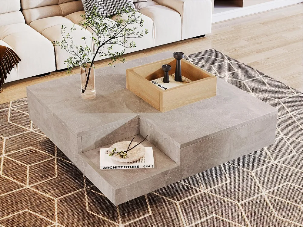 Vierkante salontafel met uitneembare opbergdoos - Lichtgrijs & Naturel ModernLuxe