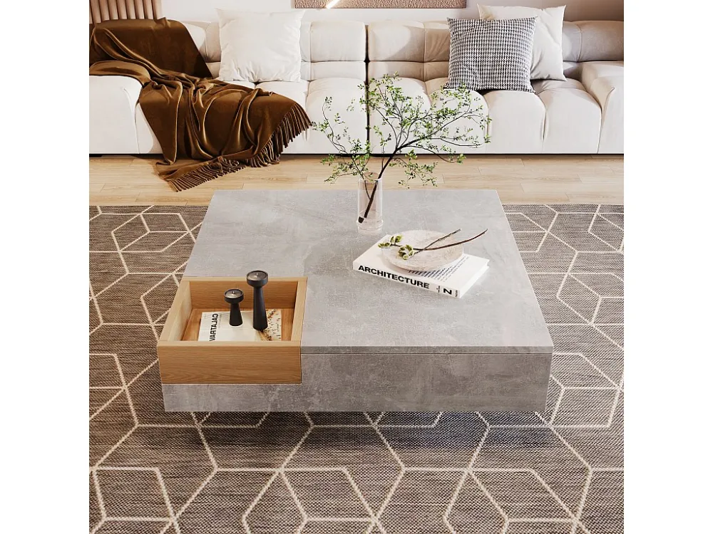 Vierkante salontafel met uitneembare opbergdoos - Lichtgrijs & Naturel ModernLuxe
