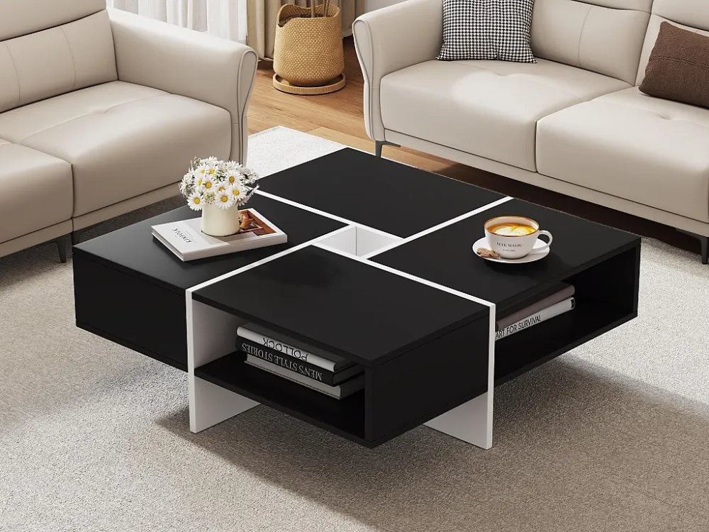 Vierkante salontafel - 5 opbergvakken - Zwart ModernLuxe