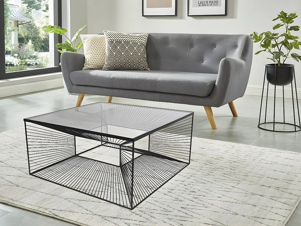 Salontafel CLARENCE - Glas en metaaldraad - Kleur: zwart