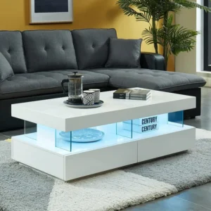 Salontafel FABIO - Wit gelakt MDF - LEDs - 2 lades en 2 nissen