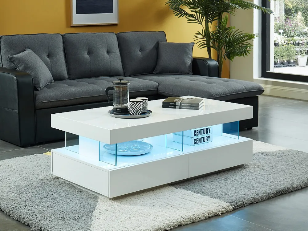Salontafel FABIO - Wit gelakt MDF - LEDs - 2 lades en 2 nissen