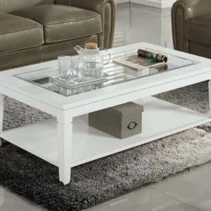 Salontafel GUERANDE - Wit grenenhout en gehard glas