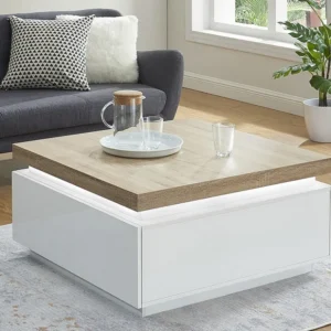 Salontafel HALO II - 2 lades - Gelakt MDF - Met LED-verlichting - Wit en eiken