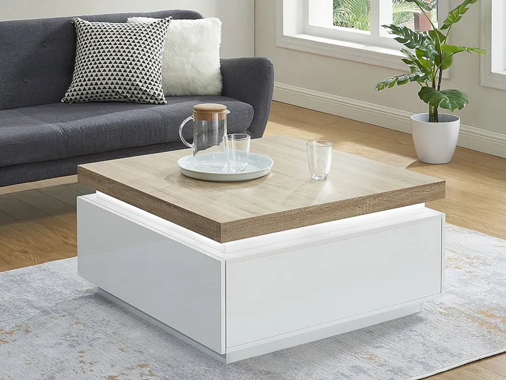 Salontafel HALO II - 2 lades - Gelakt MDF - Met LED-verlichting - Wit en eiken