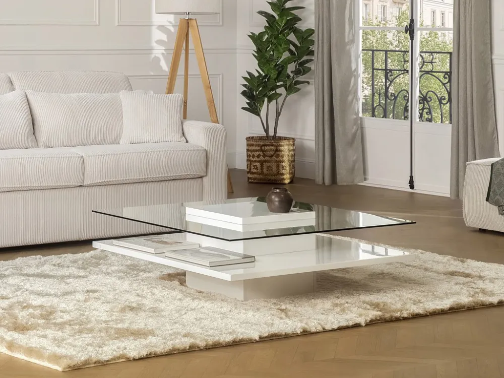 Salontafel ISANIA van Gehard glas en witgelakt mdf