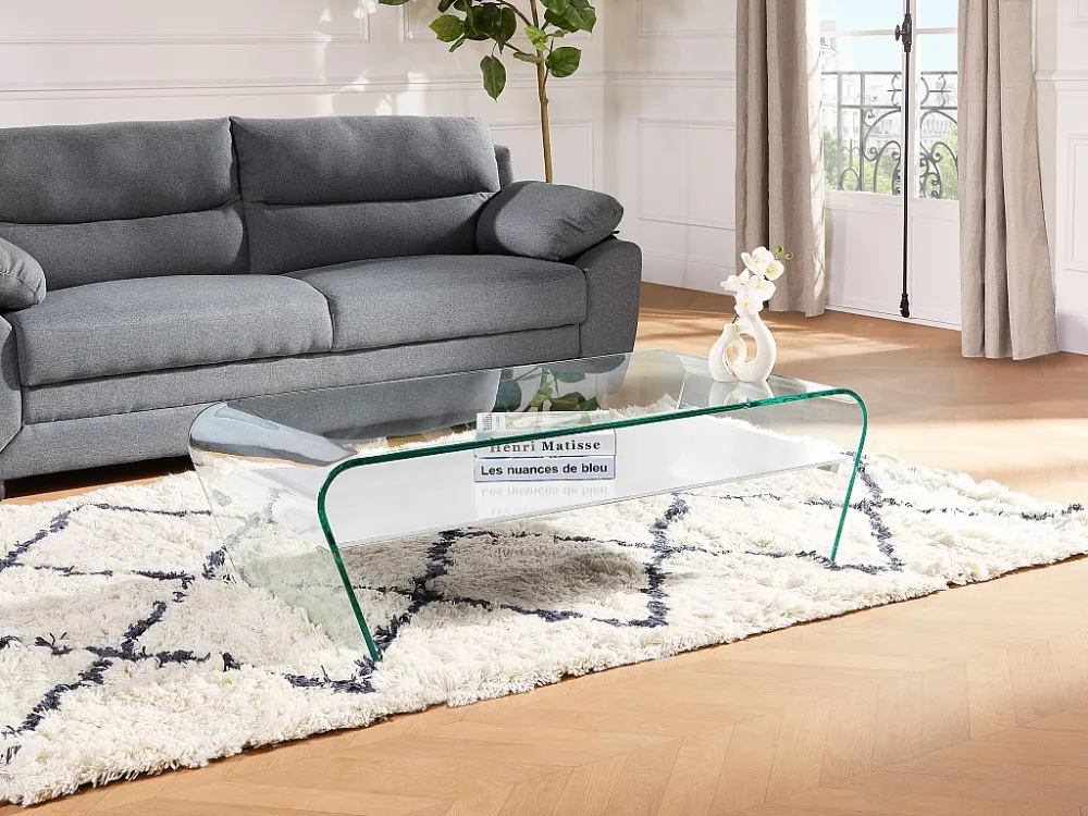 Salontafel KELLY - Wit gehard glas - schap wit gelakt
