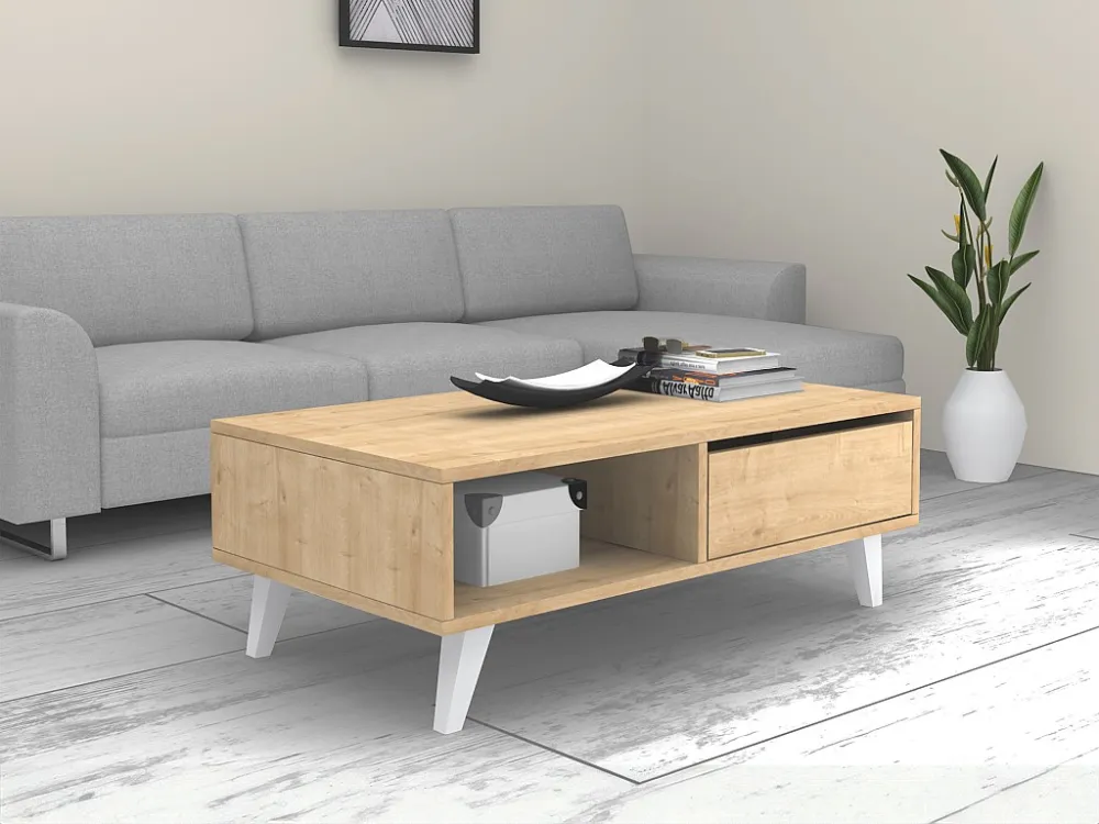 Salontafel met 1 deurtje en 2 nissen - Naturel en wit - SOLAMIA