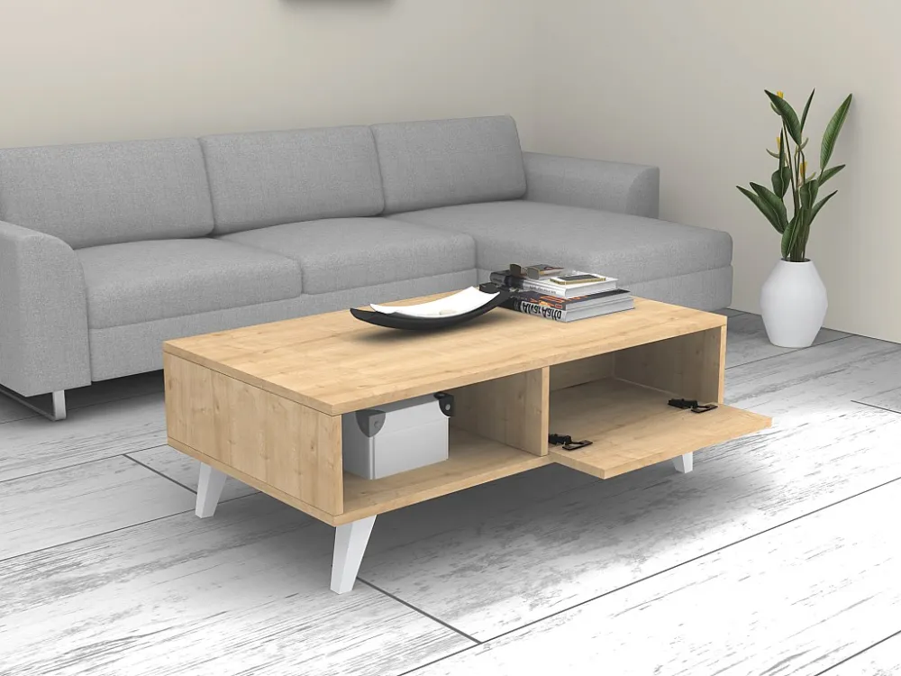 Salontafel met 1 deurtje en 2 nissen - Naturel en wit - SOLAMIA