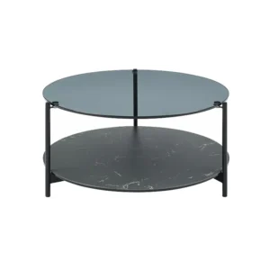 Salontafel met dubbel glazen blad van gehard glas, keramiek en metaal - Zwart marmer effect - SENRINA