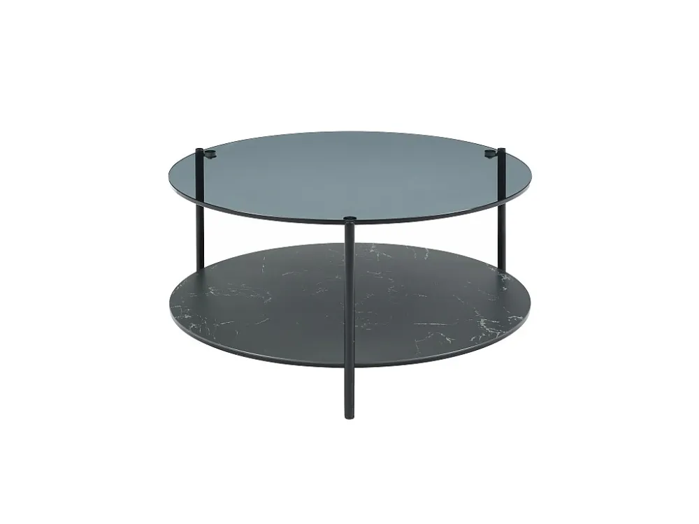 Salontafel met dubbel glazen blad van gehard glas, keramiek en metaal - Zwart marmer effect - SENRINA