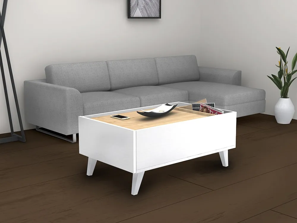 Salontafel met 1 lade en 2 nissen - Naturel en wit - ISALIA