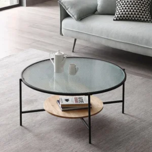 Salontafel met 1 plank - Glas, heveahout en metaal - Naturel en zwart - MUNITA