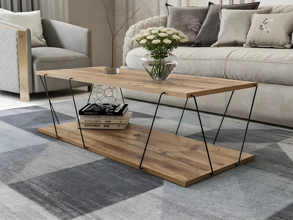 Salontafel met 1 plank - Kleuren: Naturel en zwart - DELORY - Koop nu eenvoudig online