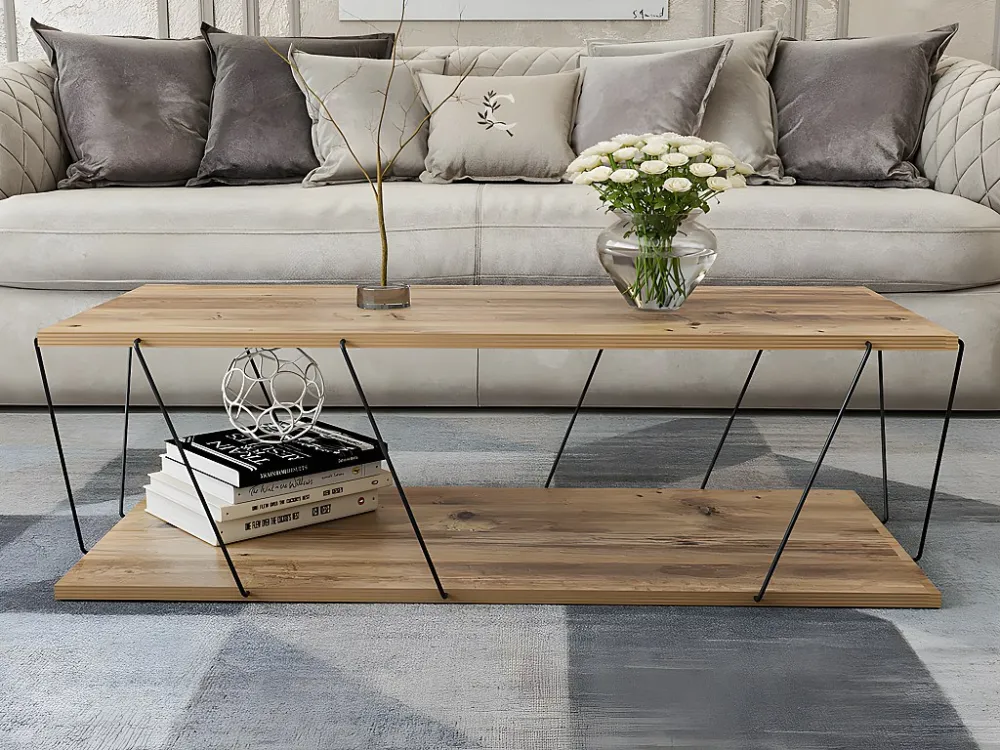 Salontafel met 1 plank - Kleuren: Naturel en zwart - DELORY - Koop nu eenvoudig online