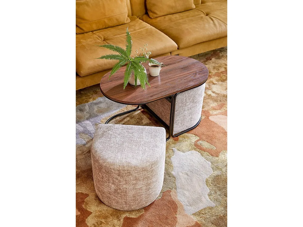 Salontafel met poefs van ijzer en 3 multiplex en 2 schuim en 2 polyester - 79 x 45 x 41 - Lichtgrijs -
