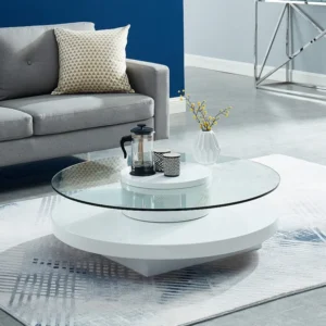 Salontafel RYHALI - Draaiblad - Gehard glas en wit mdf