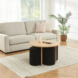 Salontafel van mdf + 4 poefs van boucléstof - Naturel en zwart - AKSAY