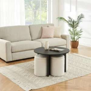 Salontafel van mdf + 4 poefs van boucléstof - Zwart en wit - AKSAY