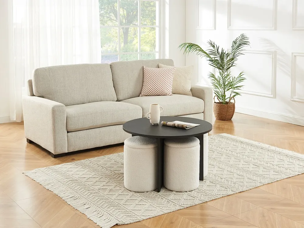 Salontafel van mdf + 4 poefs van boucléstof - Zwart en wit - AKSAY