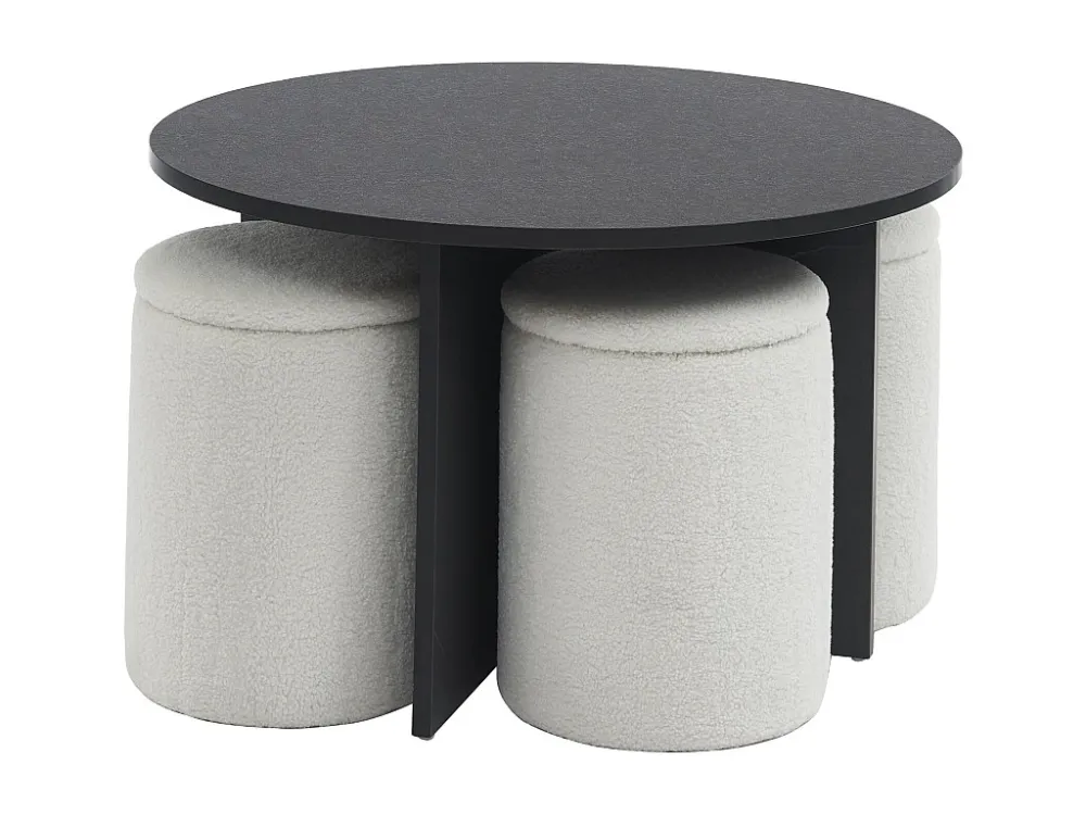 Salontafel van mdf + 4 poefs van boucléstof - Zwart en wit - AKSAY